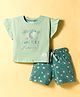 CUCUMBER Knitted Half Sleeves Top & Shorts Night Suit With Mermaid Print - Sea Green