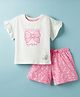 CUCUMBER Knitted Half Sleeves Top & Shorts Night Suit With Bow Print - White & Pink