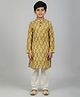 Biglilpeople Cotton Woven Full Sleeves Leaves Printed Kurta & Pyjama Set - Gold