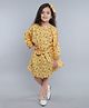 PinkChick Cotton Woven Full Sleeves Floral Printed Dress With Hair Bow & Belt - Yellow