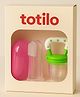 Totilo Fruit Feeder Nibbler With Baby Silicone Finger Brush/Oral Brush/Baby Tounge Cleaner - Green & Pink (Pack Of 2)