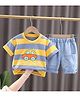 POP STREET KIDS Cotton Knit Half Sleeves Striped Car Printed Tee & Shorts Set - Yellow