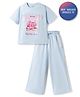 Primo Gino Cotton Knit Drop Shoulder Oversized Half Sleeves T-Shirt & Lounge Pant Set with Books Print - Light Blue
