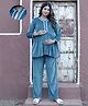 Aujjessa Velvet Woven Full Sleeves Lace Embellished Maternity Night Suit Set With Front Zipper Nursing Access - Teal Blue
