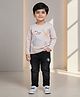 DOLLAR Cotton Blend Knit Full Sleeves Dinosaur Patch Detailed Winter Sweatshirt & Pant Set - Cream & Black