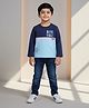 DOLLAR Cotton Blend Knit Full Sleeves Colour Blocked Boys Rule Text Printed Winter Sweatshirt & Pant Set - Blue