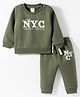 Simply Fleece Knit Full Sleeves Winter Wear T-Shirt & Lounge Pant Set With NYC Print - Green