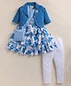 NUTTY BUTTY Knit Three Fourth Sleeves Floral Applique Detailed & Printed Dress With Jacket Leggings & Purse Set - Blue