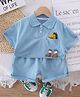 POP STREET KIDS Cotton Knit Half Sleeves Dinosaur Applique Detailed Tee & Shorts Set - Blue