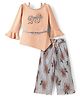 Enfance Full Peasant Sleeves Typography Embroidered & Stone Embellished Floral Applique Detailed Top & Pleated Palazzo  - Peach