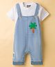 Little Kangaroos Knitted Dungaree with Half Sleeves T-Shirt with Coconut Tree Embroidery - Light Blue