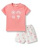 Zero Knitted Half Sleeves Embroidered &  Tree Printed  T-Shirt & Shorts Set - Peach