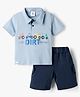 Mini Taurus 100% Cotton Knit Half Sleeves Vehicles Printed Polo T-Shirt & Shorts Set - Light Blue