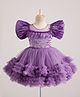 Enfance Half Balloon Sleeves Feather & Pearl Embellished Ruffle Detailed Knee Length Layered Dress - Purple