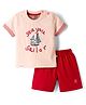 Mini Taurus Sinker Knit Half Sleeves T-Shirt & Shorts Set with Nautical Theme Print & Stripes - Peach