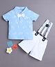BUMZEE Cotton Knit Half Sleeves Palm Leaves Printed Party T-Shirt & Shorts Set With Suspender & Bow Applique - Sky Blue & White