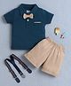 BUMZEE Cotton Knit Half Sleeves Solid Party T-Shirt & Shorts Set With Suspender & Bow Applique - Teal Blue & Beige