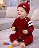 Little Surprise Box Viscose Rayon Woven Full Sleeves Cable Knit Designed Winter Wear Romper With Cap - Red