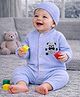 Little Surprise Box Viscose Rayon Woven Full Sleeves Bear Applique Detailed Winter Wear Romper With Cap - Blue
