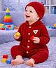 Little Surprise Box Viscose Rayon Woven Full Sleeves Self Designed Winter Wear Romper With Cap - Red