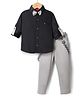 Radutu Cotton Woven Full Sleeves Solid Colour Shirt & Pant Set with Bow & Suspender - Black