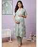 Dummy Shape Cotton Blend Woven Half Sleeves Floral Printed Maternity Kurti & Pant Set With Side Zipper Nursing Access - Turquoise