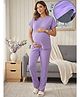 True Shape Cotton Rib Knit Half Sleeves Solid Stretchable Maternity Top & Pant Night Suit - Purple