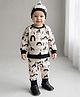 Creative Kids Organic Cotton Full Sleeves Animal Printed Winter Sweatshirt & Joggers Set With Cap - White & Black