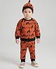 Creative Kids Organic Cotton Full Sleeves Animal Printed Winter Sweatshirt & Joggers Set With Cap - Brown & Black