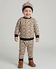 Creative Kids Organic Cotton Full Sleeves Animal Printed Winter Sweatshirt & Jogger Set With Cap - Cream & Black