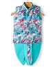 Dapper Dudes Cotton Silk Woven Sleeveless Floral Printed Kurta & Co-Ordinating Dhoti Set - Sea Green