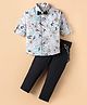 Rikidoos Cotton Woven Full Sleeves Floral Printed Party Shirt & Trouser Set With Bow & Suspender - White & Navy Blue