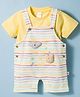 WOW Clothes Sinker Knit Half Sleeves T-Shirt & Striped Dungaree Style Romper with Animal Appliques- Lemon