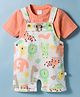 WOW Clothes Sinker Knit Half Sleeves T-Shirt & Animal Printed Dungaree Style Romper - Peach