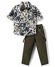Rikidoos Cotton Woven Full Sleeves Tropical Theme Printed Party Shirt & Trouser Set with Bow & Suspender - Olive Green & Off White