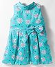 Rassha Cotton Woven Sleeveless Frock With Floral Print & Bow Applique - Sea Green