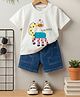 Mark & Mia Cotton Knit Drop Shoulder Half Sleeves T-Shirt & Denim Shorts Set with Giraffe Print & Applique - Multicolor