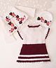Woonie Handknitted Dress with Full Sleeves Floral Applique Detailed & Pearl Embellished Shrug With Cap - Wine