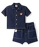 Little Kangaroos Denim Woven Half Sleeves Shirt & Shorts Set With Teddy Bear Embroidery - Navy Blue