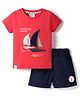 Ollypop Sinker Knit Half Sleeves Nautical Theme Printed & Embroidered T-Shirt & Shorts Set With Patch - Orange