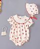 Mark & Mia Cotton Half Sleeves Strawberry Printed Onesie with Cap & Lace Detailing - Beige