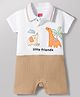 Babyhug 100% Cotton Interlock Knit Half Sleeves Romper with Dino Patch - White & Brown