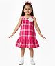 CrayonFlakes Cotton Knit Sleeveless Floral Applique Detailed Checked Dress - Pink