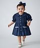 Bella Moda Cotton Woven Half Puffed Sleeves Polka Dots Printed Dress - Navy Blue