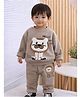 Little Surprise Box Blended Woven Full Sleeves Lion Face Applique Detailed Winter Sweatshirt & Joggers Set - Brown