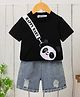 Mark & Mia Cotton Half Sleeves T-Shirt & Shorts Set Panda Print & Pocket Applique - Black