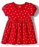 Doodle Poodle Cotton Knit Half Sleeves Frock With Heart Print & Bow Applique - Red