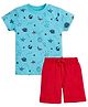 Etched Design 100% Cotton Knit Half Sleeves Space Theme Printed Tee & Shorts - Aqua & Red