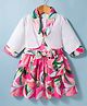 Enfance Core Cotton Woven Full Sleeves Floral & Leaves Printed Frock With Jacket & Sling - Pink