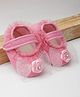 Daizy Frill Detailed Bow & Floral Applique Velcro Closure Booties - Baby Pink